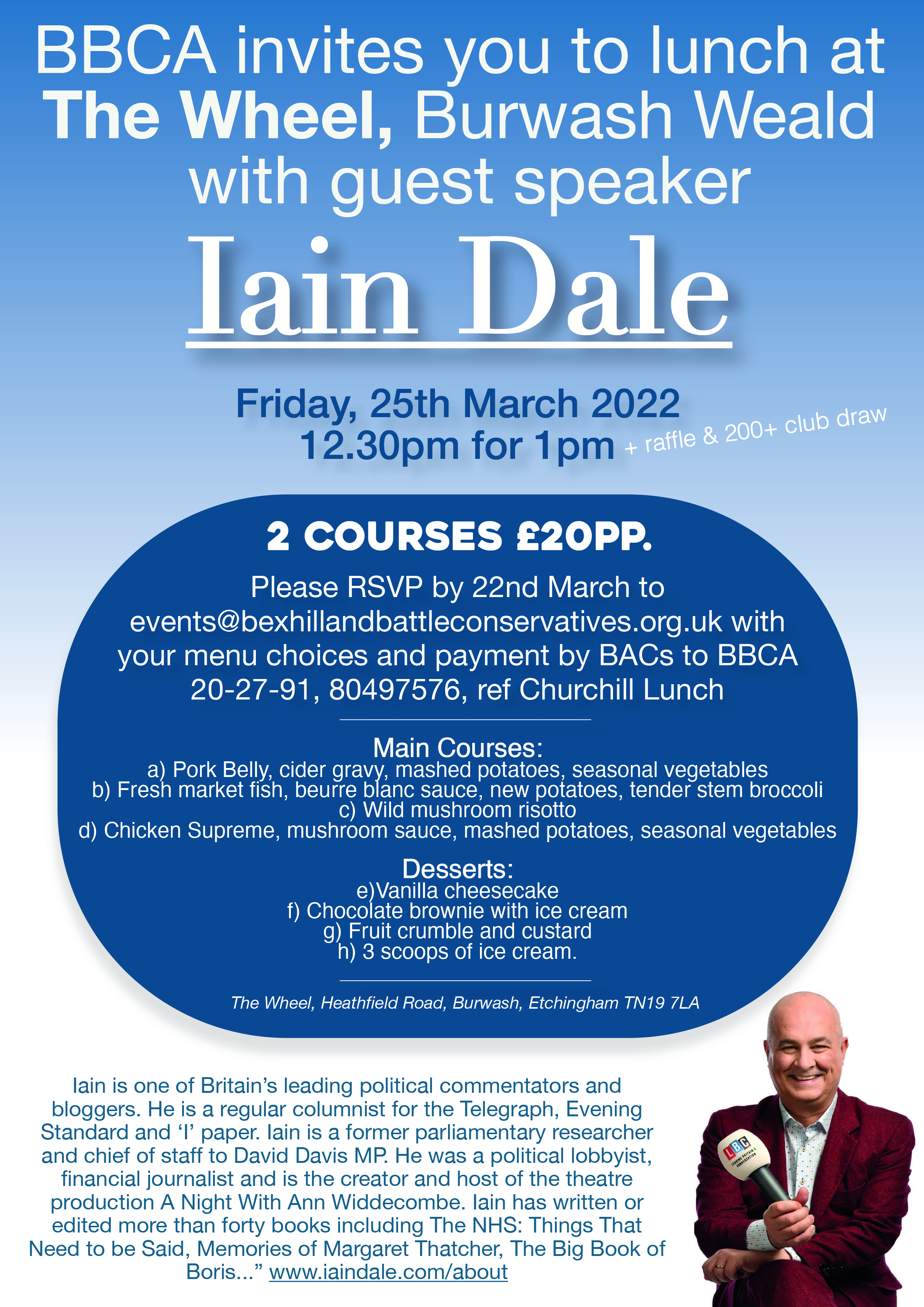 Join Iain Dale for lunch at the Wheel Inn, Burwash on Friday 25th March.